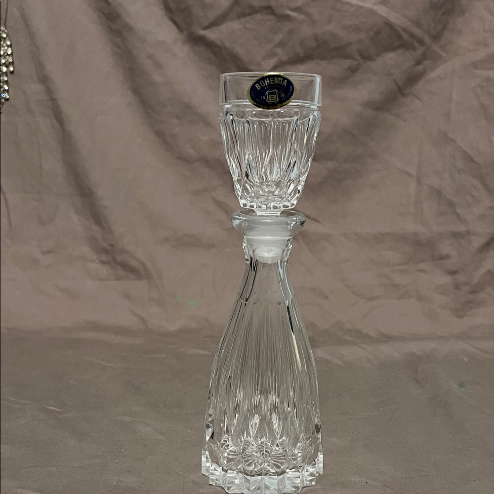 Bohemia crystal small cut glass decanter with a small crystal cup as a stopper.